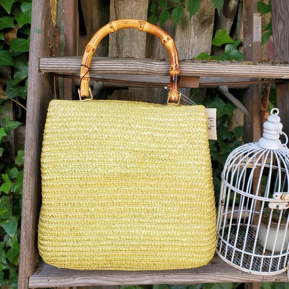 NWT Green VTG Straw Purse with Bamboo Handle - Picture 2 of 12
